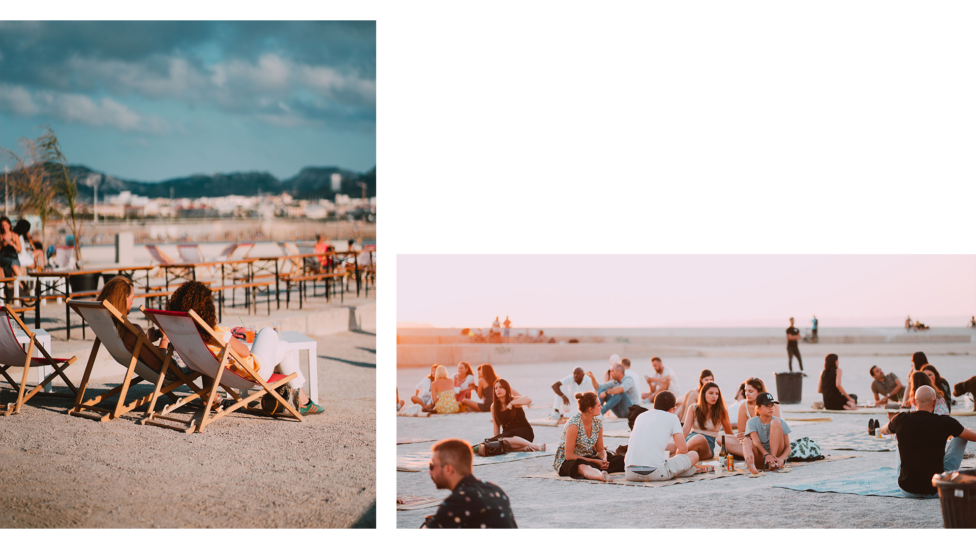 transats et personnes sur le sable au prado à Marseille